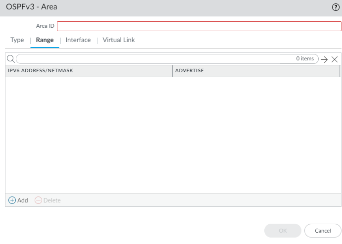 OSPFv3 Area Range configuration window.